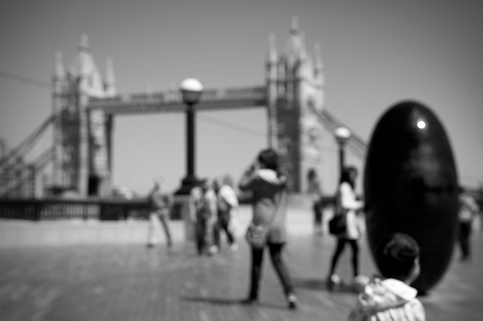 Blurred black-and-white photograph near Tower Bridge